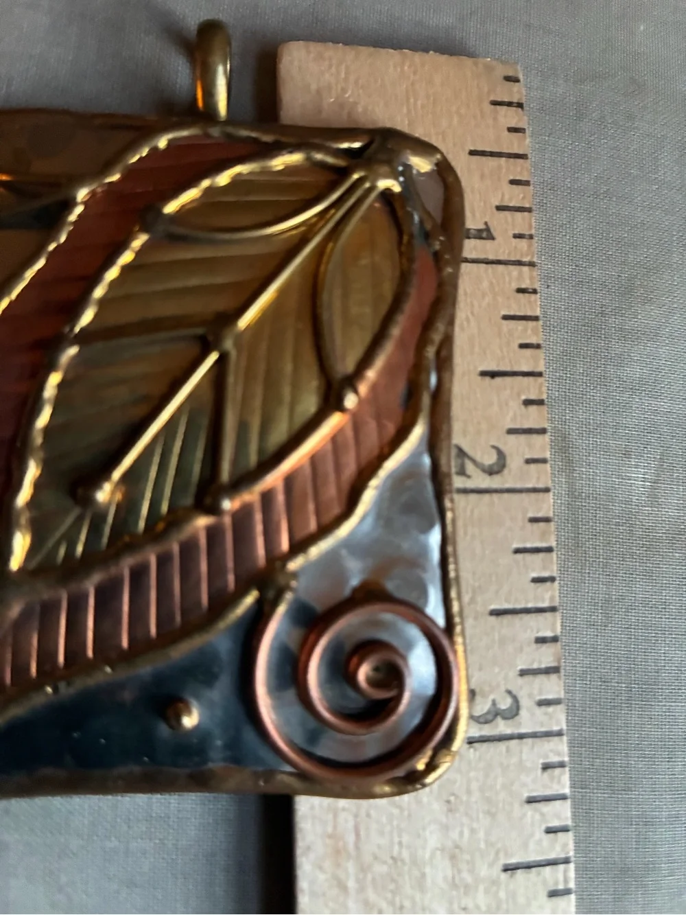 Large Leaf metal pendant Copper, gold, silver tone 3x2.5”